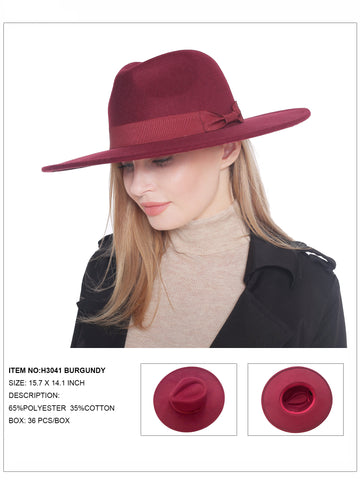 H3041 Burgundy Fedora Felt Bow Hat