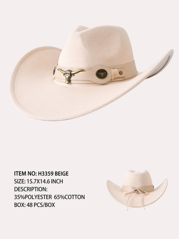 H3359 Beige Western Cowboy Bull Band Hat