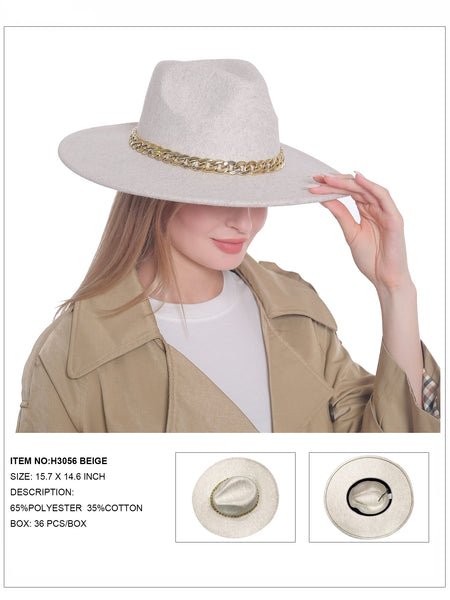 Solid Fedora Hat with Chain Trim-Beige