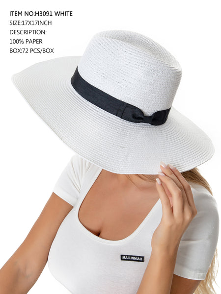 Panama Hat with Black Ribbon-White