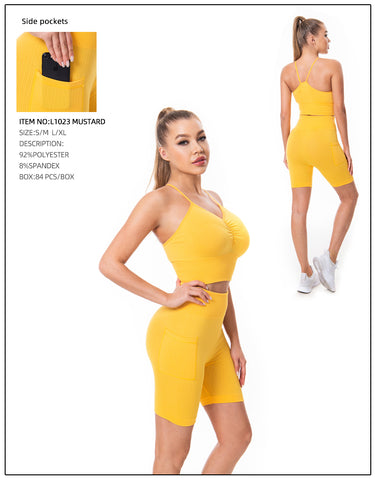 Crop Top & Yoga Pants 2 Pcs Set-Mustard