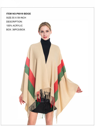 Strip Print Fringe Trim Poncho-Beige