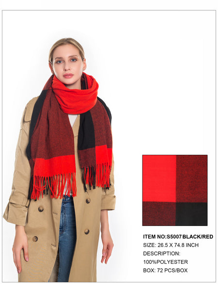 Plaid Print Fringe Trim Scarf-Black/Red