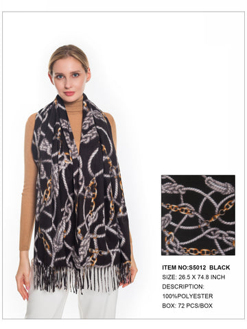 Chain Print Fringe Scarf-Black