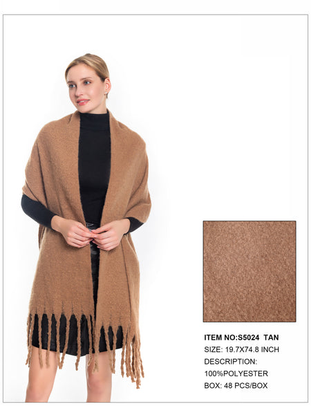 Solid Color Fringe Trim Scarf-Tan