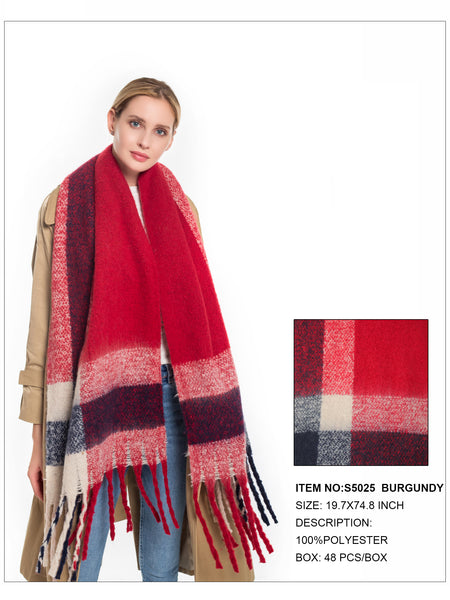 Plaid Print Fringe Trim Scarf-Burgundy