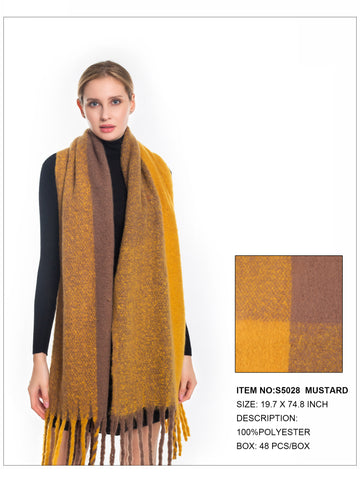 Plaid Print Fringe Trim Scarf-Mustard